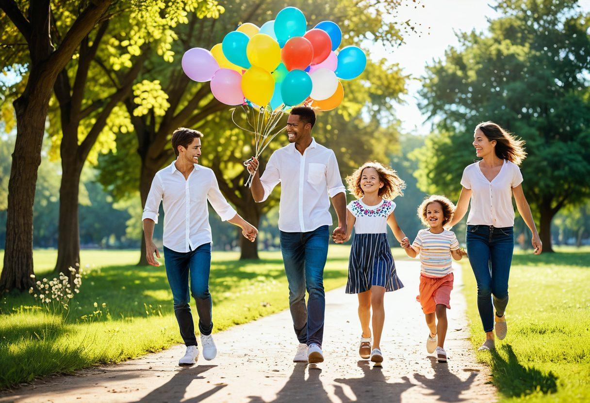 A joyful family gathered in a sunlit park, capturing a spontaneous moment of play, where children are running, laughing, and playing with colorful balloons; parents are involved in the fun, their expressions radiating happiness. The background features a serene landscape with blooming flowers and gentle trees. The scene emphasizes warmth and authenticity, evoking a sense of timelessness and connection. super-realistic. vibrant colors. natural light.