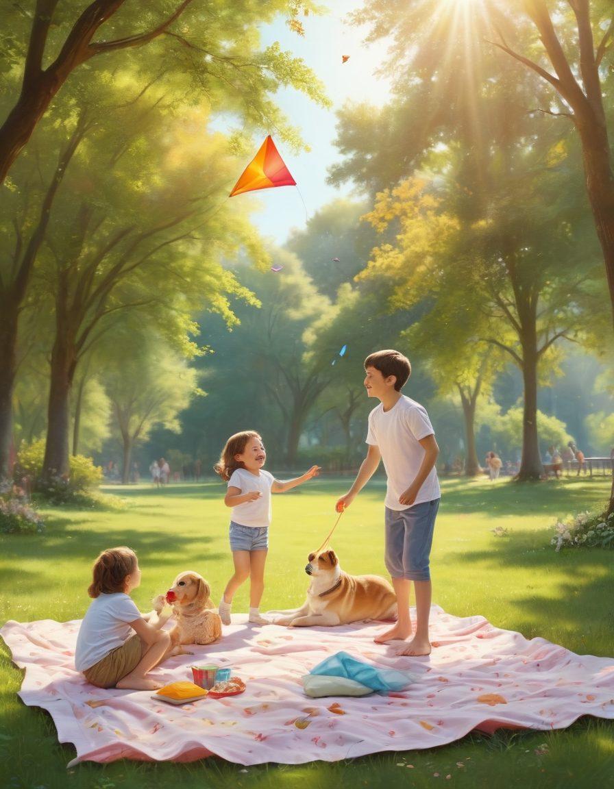 A joyful family picnic scene in a sunlit park, showcasing children playing with colorful kites, laughing and embracing their parents. Include scattered toys, a picnic blanket with snacks, and a playful puppy nearby, emphasizing warmth and connection. Soft pastel colors to represent the innocence of childhood and bright sunlight filtering through the trees. cheerful. super-realistic. vibrant colors.