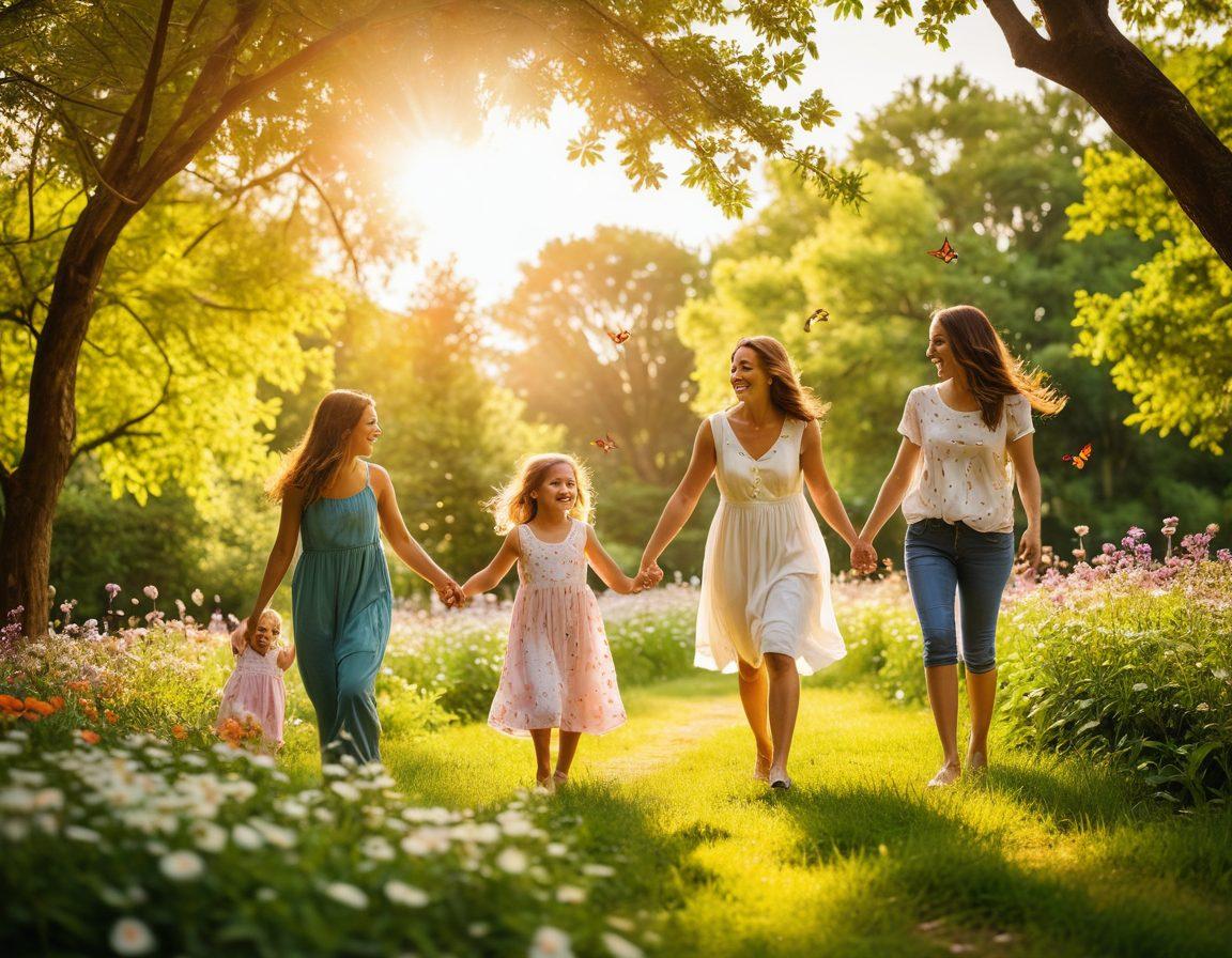 A heartwarming scene of a family playing in a sunlit park, children laughing as they chase butterflies, surrounded by blooming flowers and green trees. The parents capture the moment with a camera, radiating love and joy. Include soft sunlight filtering through the leaves, creating a magical atmosphere. super-realistic. vibrant colors. warm tones.